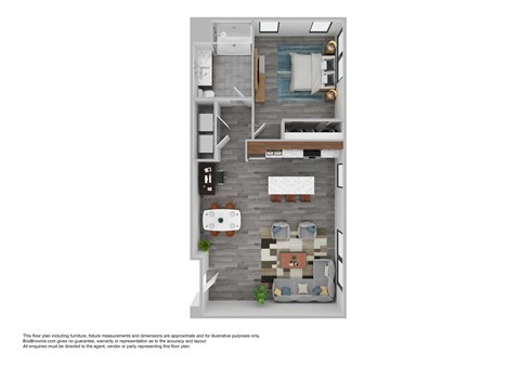 A floor plan of a small apartment with a kitchen, living room, and bathroom.